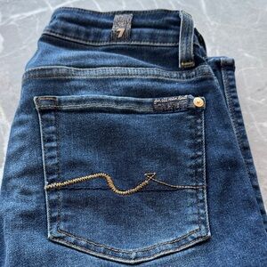 7 For All Mankind Navy Blue Denim Jeans with Gold Stitching Detail